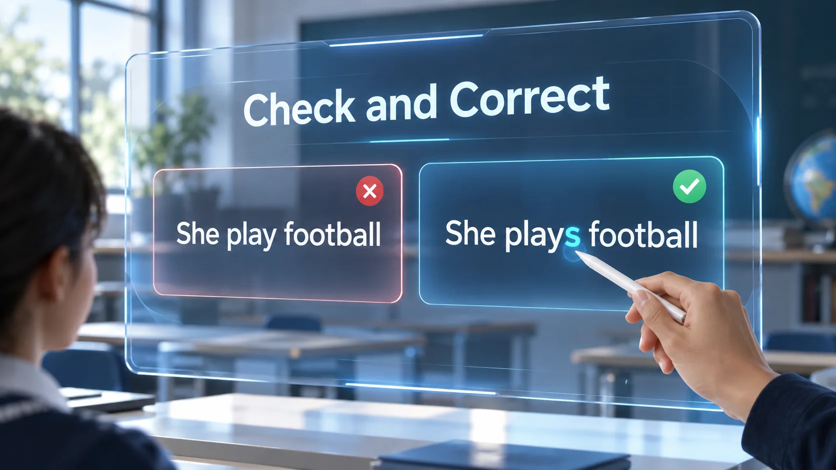 Қатенің түзетілуі: She play → She plays